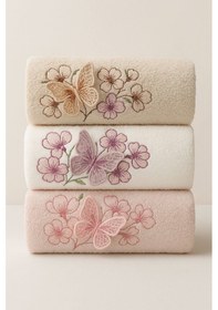 Resim 3'lü Lüks %100 Pamuklu Mutfak Havlusu Seti 3d Kelebek Aplikeli 30x50 Cm Çok Renkli 