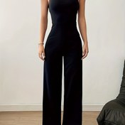 Resim Kadınlar için Kolsuz Kare Yaka Geniş Bacaklı Tulum - Rahat Düz Renk Gri Cep Detaylı Tulum, Hafif Polyester Bahar/Yaz için, Bayanlar Tulumları 