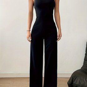 Resim Kadınlar için Kolsuz Kare Yaka Geniş Bacaklı Tulum - Rahat Düz Renk Gri Cep Detaylı Tulum, Hafif Polyester Bahar/Yaz için, Bayanlar Tulumları 