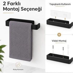 Resim Alper Banyo Siyah Lamalı Havlu Askısı, 25 cm, Paslanmaz Çelik Banyo Havluluğu, Hem Yapışkanlı Hem Vidalı Montajlı, Mat Siyah Duvar Tipi Havlu Barı, 5 Yıl Garantili 