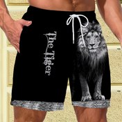 Resim Erkek Yazlık Rahat Kişilik Aslan Baskılı Manzara Kırışmaz Kısa Pantolon, Polyester, Hafif Esnek, Normal Beden, Örgü Kumaş, 230g/m² Kumaş Ağırlığı 