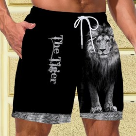 Resim Erkek Yazlık Rahat Kişilik Aslan Baskılı Manzara Kırışmaz Kısa Pantolon, Polyester, Hafif Esnek, Normal Beden, Örgü Kumaş, 230g/m² Kumaş Ağırlığı 