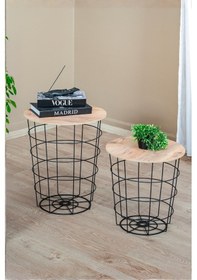 Resim Dekoratif Metal Tel Sepet Zigon Sehpa Takımı, 2'li İskandinav Tarzı Ahşap Kapaklı Orta Sehpa Siyah 