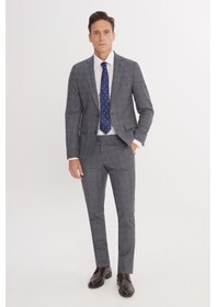Resim AC&Co / Altınyıldız Classics Erkek Grı Mavı Ekstra Slim Fit Dar Kesim Mono Yaka Kareli Kapak Cepli Takım Elbise Grı Mavı 