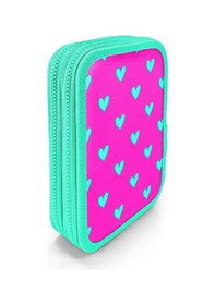 Resim Coral High Kids Neon Pembe Su Yeşili Kalp Desenli Çift Katlı Kalem Çanta 11133 Pembe 