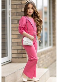 Resim Riccotarz Kız Çocuk Yakası Taş İşlemeli Yarım Kollu Kuşak Detaylı Çantalı Pembe Tulum 3-12 Yaş 001 