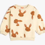 Resim Kız Bebek Sweatshirt Tavşancık Baskılı Uzun Kollu Bisiklet Yaka Şardonlu Pamuklu 