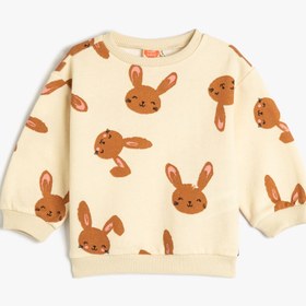 Resim Kız Bebek Sweatshirt Tavşancık Baskılı Uzun Kollu Bisiklet Yaka Şardonlu Pamuklu 