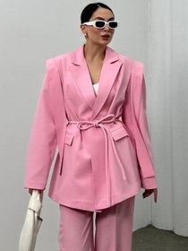 Resim msm fashion Kadın Oversize Blazer Ceket Pembe Kuşaklı Omuz Detaylı 