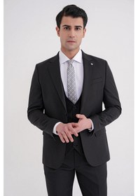Resim Efor Slim Fit Çift Yırtmaç Çizgili Esnek Yünlü Siyah Yelekli Klasik Takım Elbise Tk 935 Siyah 