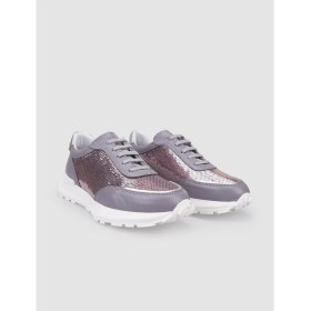 Resim Cabani %100 Hakiki Deri Gri Bağcıklı Pul Detaylı Kadın Spor Ayakkabı 