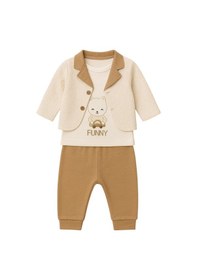 Resim Ayıcık Desenli Hırkalı Erkek Bebek Takım Krem 