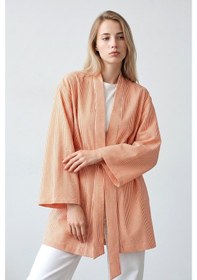 Resim Saade Sââde Kadın Dikey Çizgili Geniş Kollu Şık Yazlık Relaxed Kimono Turuncu 