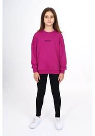 Resim Toontoy Kids Toontoy Kız Çocuk 2'li Takım Baskılı Bisiklet Yaka Düşük Omuz Cepli Sweatshirt & Basic Düz Tayt Mürdüm 