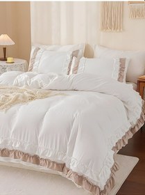 Resim Tek Kişilik Fırfırlı Bej Beyaz Pamuk Saten Nevresim Takımı Çok Renkli 