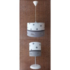 Resim Onay Beyaz Yıldızlı Gri Motifli 2.li Set Kumaş Kaplama Genç ve Çocuk Odası Avize ve Abajur Takımı 