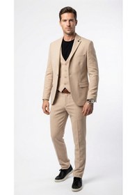 Resim Erkek Klasik Slim Fit Armürlü Kumaş Tek Düğmeli Çift Yırtmaçlı Klasik Yaka Takım Elbise 7 Drop Bej 