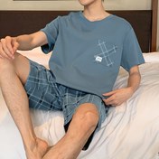 Resim Erkek Pamuklu Rahat 2 Parça Pijama Takımı, İnce Kısa Kollu Lounge Giyim & Şort, Moda Rahat Ev Giyim Takımı 