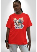 Resim Chihuahua Köpek Pamuklu Bisiklet Yaka Unisex Oversize Boyfriend Dijital Baskılı Kırmızı T-shirt Kırmızı 