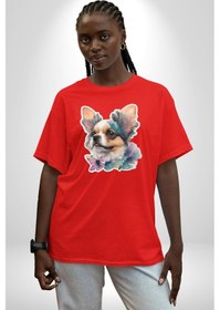 Resim Chihuahua Köpek Pamuklu Bisiklet Yaka Unisex Oversize Boyfriend Dijital Baskılı Kırmızı T-shirt Kırmızı 