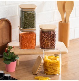 Resim Porsima 407 4lü Kare 900 Ml Bambu Vakumlu Kapaklı Cam Kavanoz Seti Saklama Kabı 10x12cm Şeffaf 