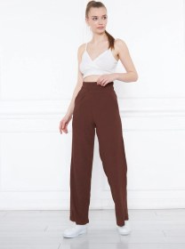 Resim Kahverengi Beli Lastikli Bol Paça Çift Cepli Yüksek Bel Bürümcük Örme Kadın Pantolon Kahverengi 