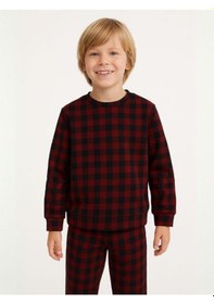 Resim Zekids Erkek Çocuk Kareli Yumuşak Dokulu Pijama Takımı-16049 Bordo 