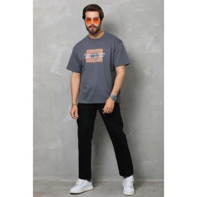 Resim Nemere Bisiklet Yaka Baskılı Oversize T-Shirt - Füme 