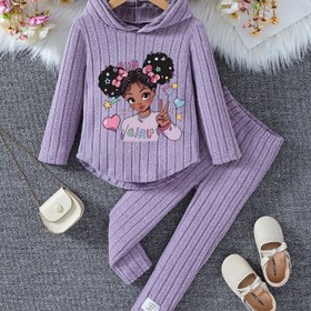 Resim Sevimli Kız Çocukları İçin Kapüşonlu Sweatshirt & Eşofman Altı Takımı - Sevimli Karikatür Baskılı Rahat Uzun Kollu, İlkbahar & Sonbahar İçin Mükemmel - Makinede Yıkanabilir, Yumuşak, Çocuk Hediyesi, Sevimli Tarz, Geleneksel Versiyon, Dört Mevsim, Dış Mekan İçin Mükemmel 
