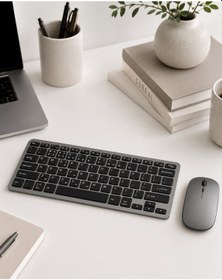 Resim Tek Kablosuz Bluetooth Klavye Mouse Seti Şarjlı Tablet Laptop Uyumlu Najmaddin 