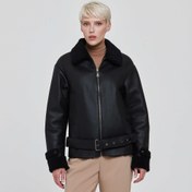 Resim Siyah Deri Kadın Kürk Mont - K22KKM320334-T1Y 