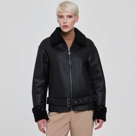 Resim Siyah Deri Kadın Kürk Mont - K22KKM320334-T1Y 