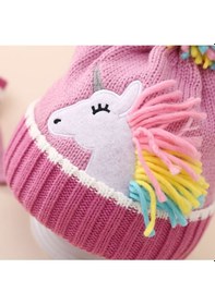 Resim Unicorn Aplikeli Örme Bere Ve Eldiven İkili Set Pembe 