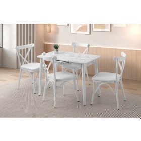 Resim Beyaz Mermer Ahşap Salon Yemek Masa Sandalye Takımı 4 Sandalyeli Ortadan Açılır Büyüyen 60x100cm 