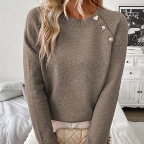 Resim 2025 Yeni Kadınlar İçin Şık Asimetrik Tek Omuz Düğmeli Yuvarlak Yaka Uzun Kollu Kazak - Orta Esneklikte Düz Renk Günlük Süveter, Sonbahar Kışlık Rahat Giyim, Düğme Örgü, Dayanıklı Kışlık Kıyafet, Mevsimsel Gardırop, Kaliteli Dikişli Ofis Stili 