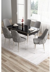 Resim Canisa Tia Serisi 80x132 Mdf Açılabilir Siyah Mermer Desen Krom Detay Mutfak Masası Ve 6 Gri Sandalye Masa Siyah Mermer Desen Sandalye Gri 