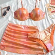 Resim 3 adet Kadın Mayo Seti, Omuzdan Askılı Volan Kollu ve Sarma Etek, Renkli, Boncuklu Detay, 2K Parti Mayo, Halter Boyun, Dolgu Yok, 200g/m² Polyester, Tüm Mevsim Plaj Giyimi, Plaj Kıyafeti|Omuzdan Askılı Mayo|Polyester Kumaş 