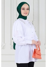 Resim Sevitli Yakası Taş Çakım Tunik-beyaz-3646-beyaz Beyaz 