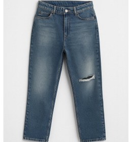 Resim Kadın Yüksek Bel Straight Fit Mavi Dizi Yırtık Jean Pantolon Mavi 