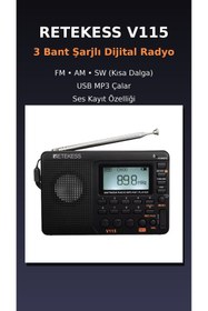 Resim retekess V115 Şarjlı Taşınabilir Radyo | FM-AM-SW Kısa Dalga | USB MP3 Çalar | Ses Kayıt | Dijital Ekranlı 