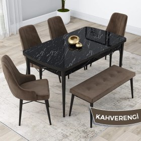 Resim Canisa Concept Kar Serisi, Mdf 80X132 Açılabilir Masa Takımı, Siyah Mermer Desen Masa, 4 Sandalye 1 Bench 