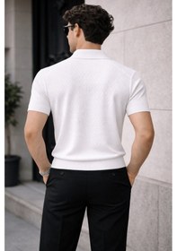 Resim Erkek Fermuarlı Polo Yaka Triko Tişört Slim Fit Dokulu Yazlık Şık Casual Beyaz 