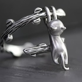 Resim Vintage Sevimli Ağaç Tırmanan Kedi Kadın Erkek için Yüzükler, Hayvan Açılır Parmak Yüzüğü Kişilik Dikenli Hayvan Yüzüğü Ayarlanabilir Parmak Takısı 