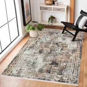Resim Mavi Çerçeveli Modern Geometrik Etnik Eskitme Desenli Boho Makinada Yıkanabilir Hafif Hav Toz Vermez Leke Tutmaz Kaymaz Taban Dijital Makine Baskı Halı Oturma Odası Salon Yolluk Koridor Mutfak Halısı 