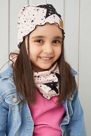 Resim Babygiz Pudra Siyah Çocuk Bebek Bere Boyunluk Set Yumuşak %100 Pamuklu Penye Yıldız Seri 