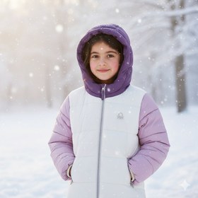 Resim Benetton Kız Çocuk Ekru-Lila Sol Göğsü Logo İşlemeli Cepli Kapüşonlu Yüksek Yaka Mont - 6-7 Yaş 