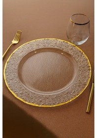 Resim Altın Detaylı Yuvarlak Cam Supla 33 Cm Servis Ve Dekor Tabağı Şeffaf - Altın 
