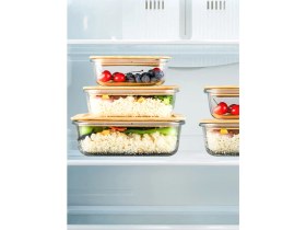 Resim Senin Dükkanın Bambu Kapaklı 3'lü Diktörtgen Vakumlu Kase Cam Saklama KABI(640-1000-1500 Ml) 