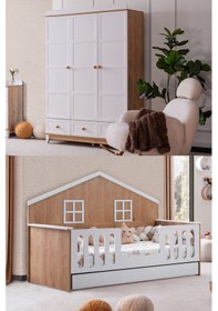 Resim Bello Çocuk Odası Takımı, Bello Yavrulu Karyola, Berlin 3 Kapaklı Dolap - Ceviz Renkli 