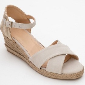 Resim Luvishoes Luvi Shoes Miria Bej Süet Hakiki Deri Çapraz Bantlı Kadın Dolgu Topuklu Sandalet Süet Bej 